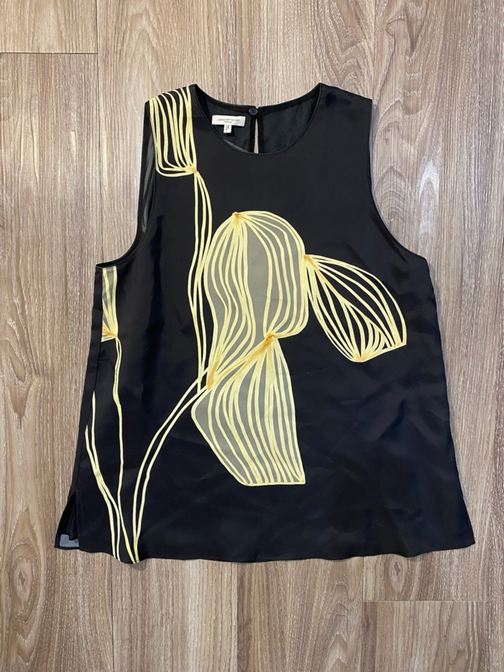 Lafayette 148 New York Black Silk Sleeveless Top with Yellow Floral Motif